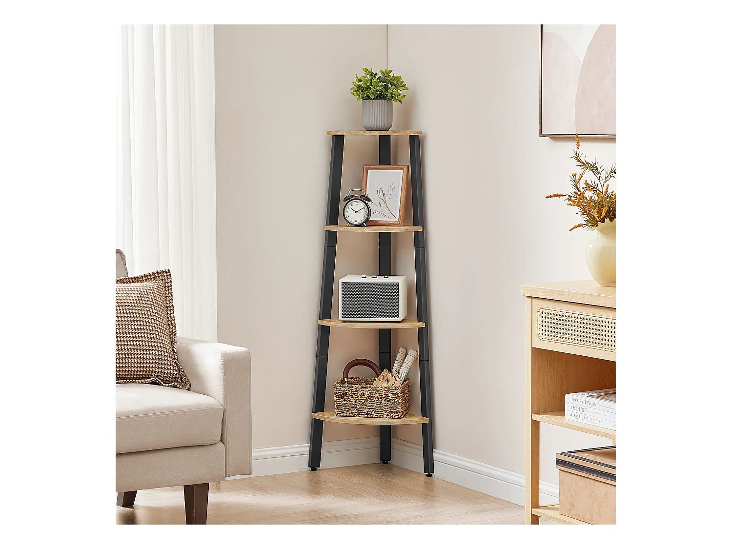 Librería esquinera Valora de 4 estantes en roble Sonoma con marco negro