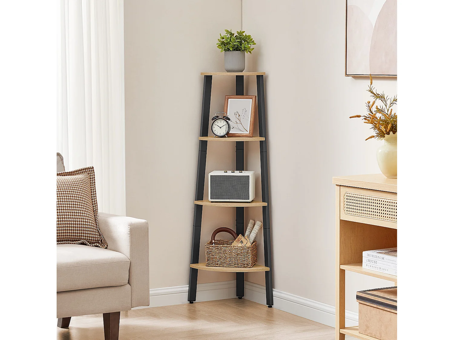 Librería esquinera Valora de 4 estantes en roble Sonoma con marco negro