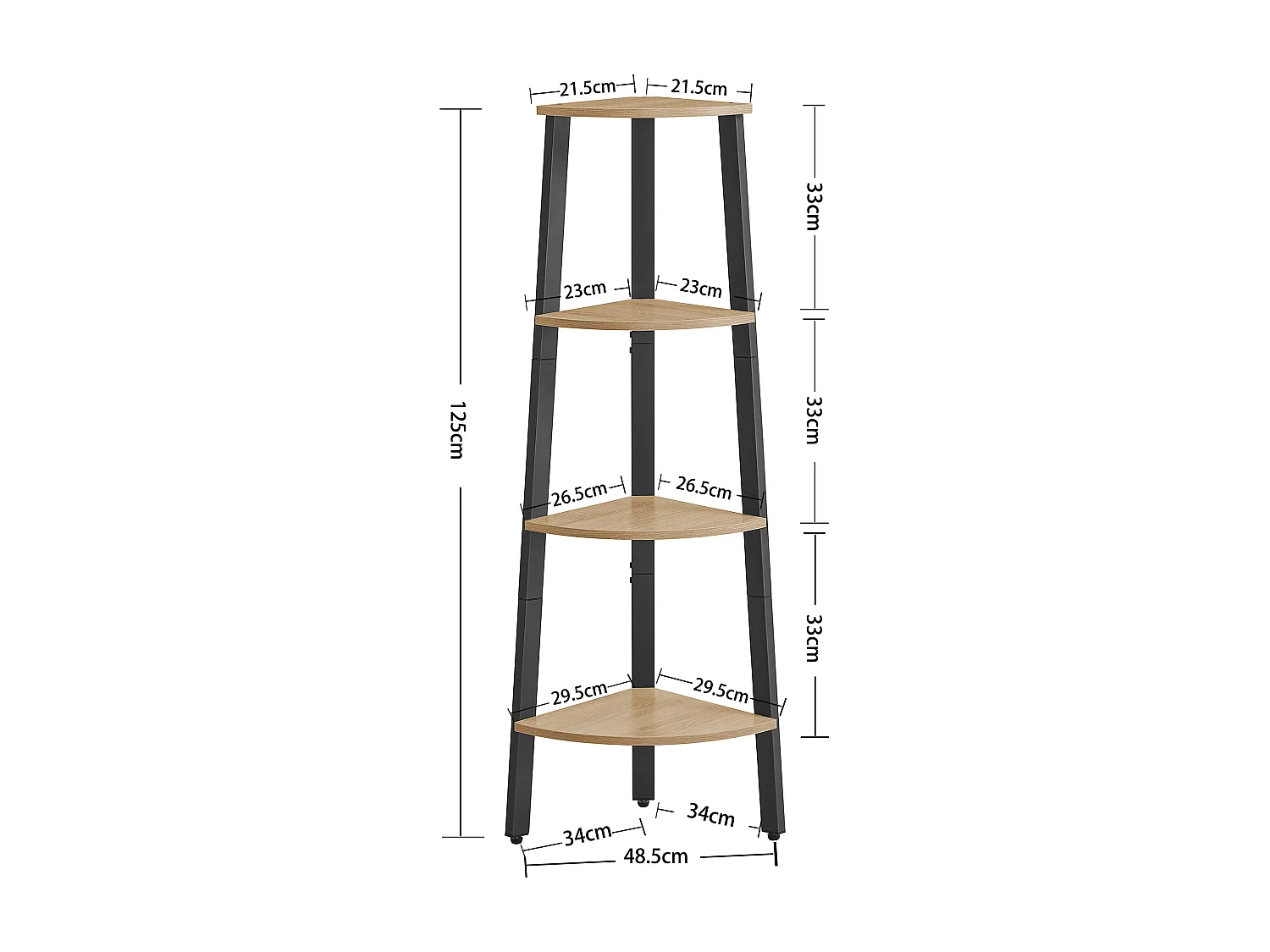 Librería esquinera Valora de 4 estantes en roble Sonoma con marco negro