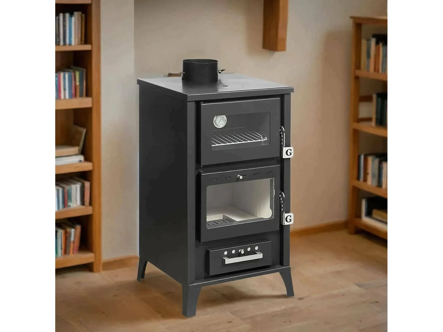 Estufa de leña Loki, Chimenea de leña, Hogar de leña, Estufa rústica, Made in Italy, 49x45 h92 cm, Negro