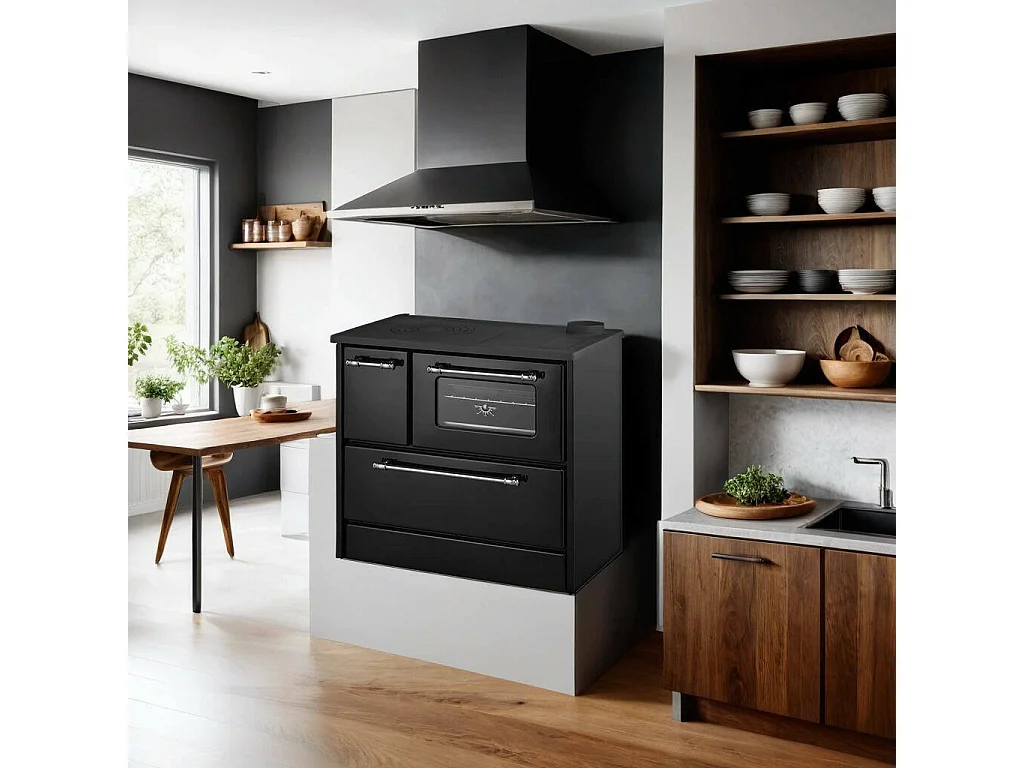 Cocina de leña Spurr, Cocina de leña, Estufa de cocina tradicional, Cocina vintage, Made in Italy, 87x79 h51 cm, Negro