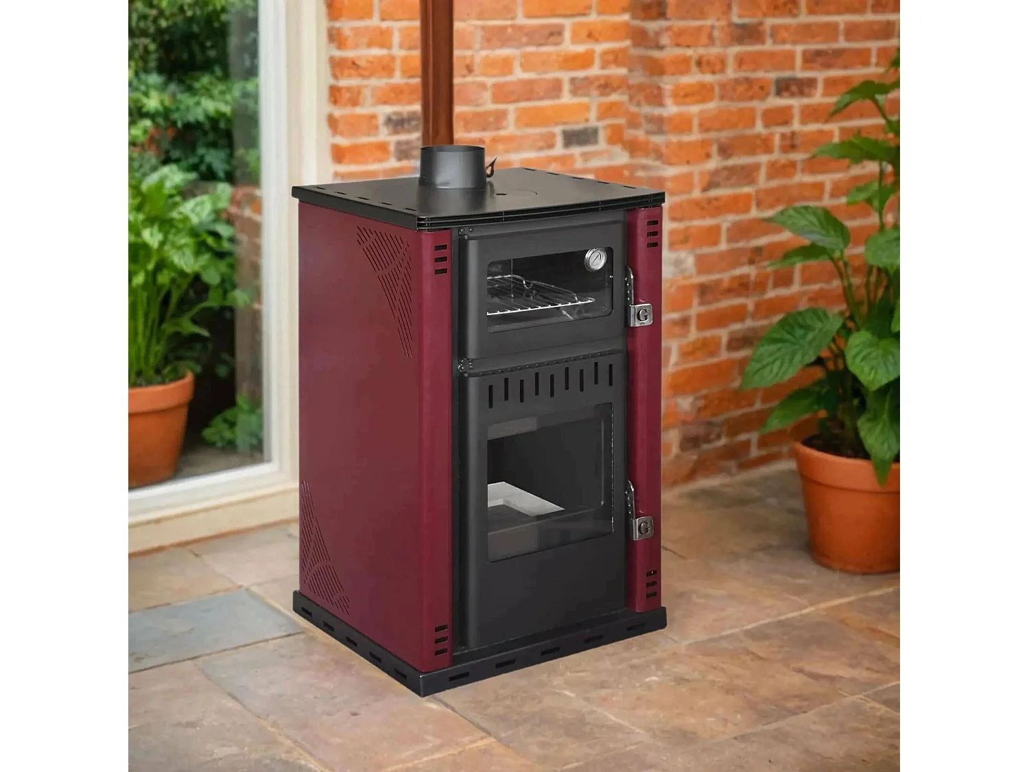 Estufa de leña Iliamna, Chimenea de leña, Hogar de leña, Estufa rústica, Made in Italy, 62x62 h102 cm, Rojo