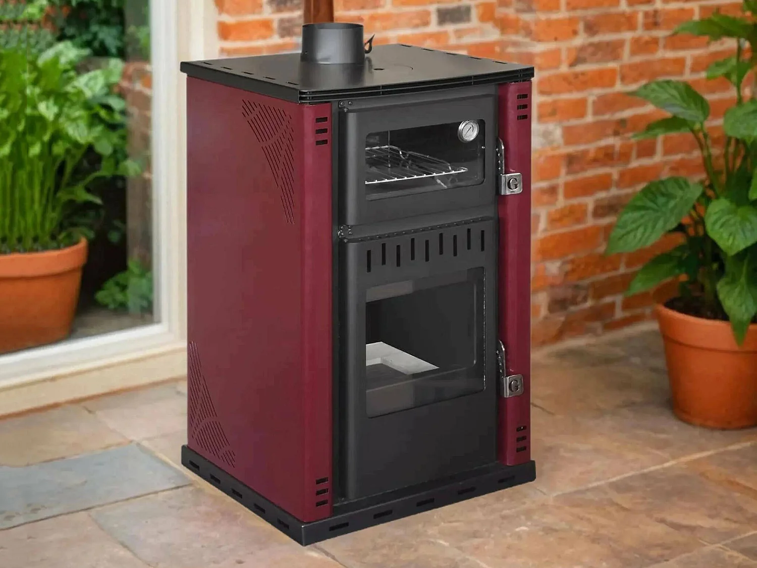 Stufa a Legna Aragona, Volume Riscaldabile 208 m3 Made in Italy, 62x62x102h cm Rosso