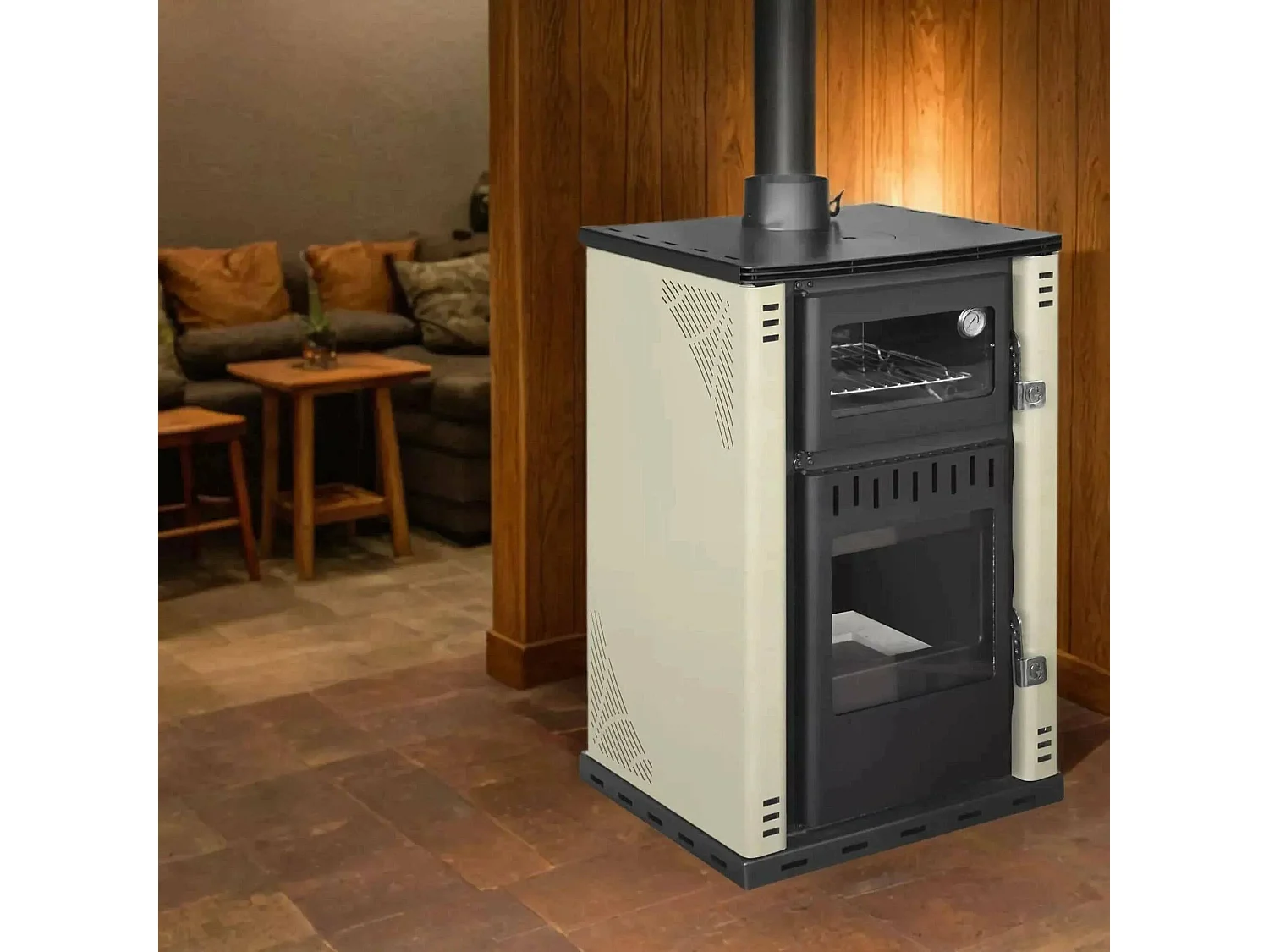 Estufa de leña Iliamna, Chimenea de leña, Hogar de leña, Estufa rústica, Made in Italy, 62x62 h102 cm, Beige