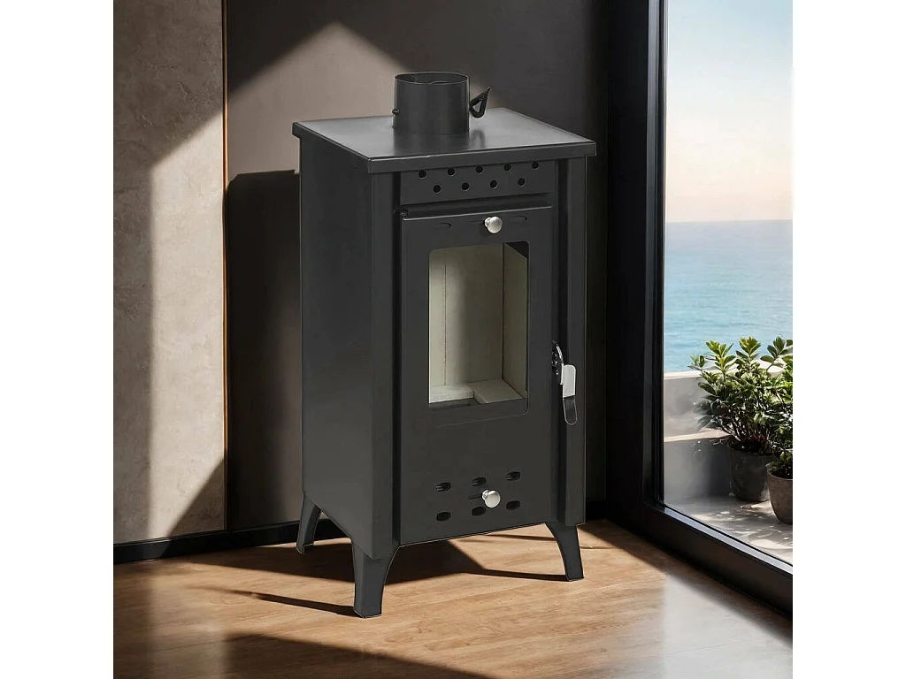 Estufa de leña Oraefajo, Chimenea de leña, Hogar de leña, Estufa rústica, Made in Italy, 39x33 h74 cm, Negro