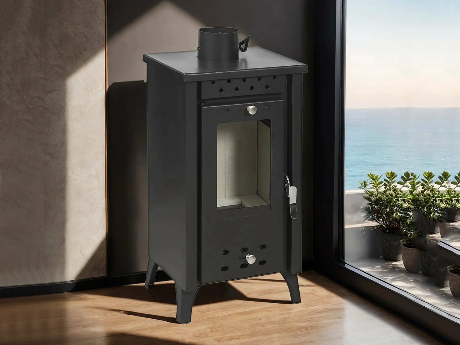 Stufa a Legna Aquino, Volume Riscaldabile 210 m3 Made in Italy, 33x38.5x74h cm Nero