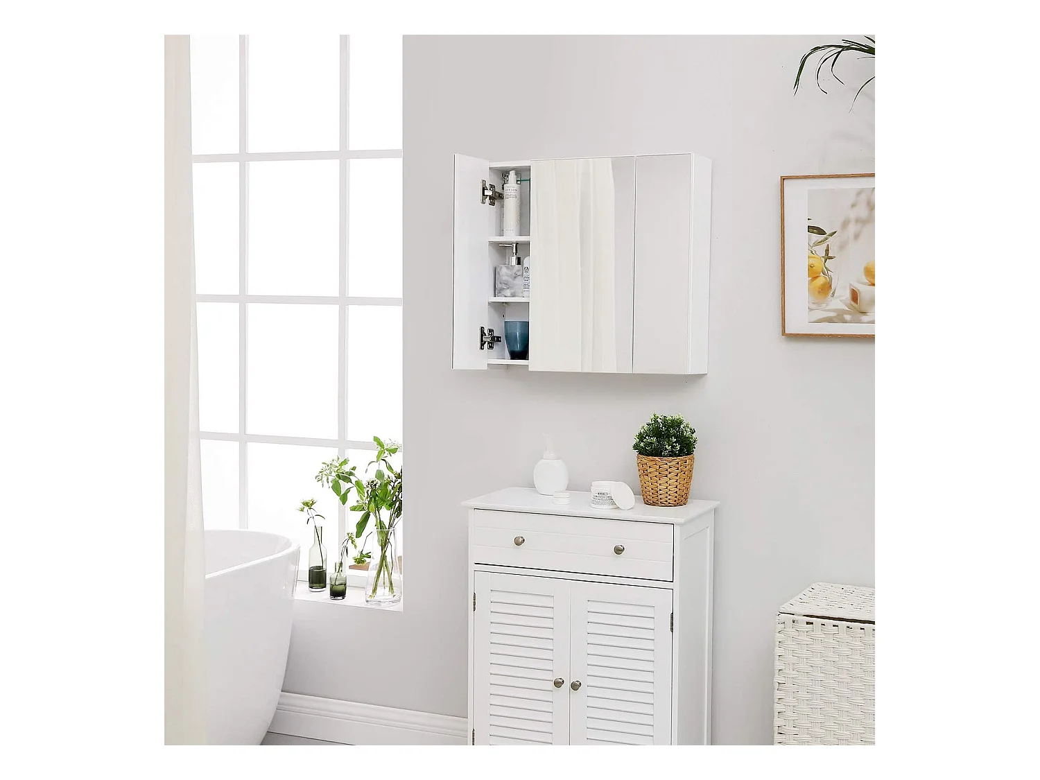 Meuble de salle de bain suspendu Valora avec trois portes miroir | MDF blanc