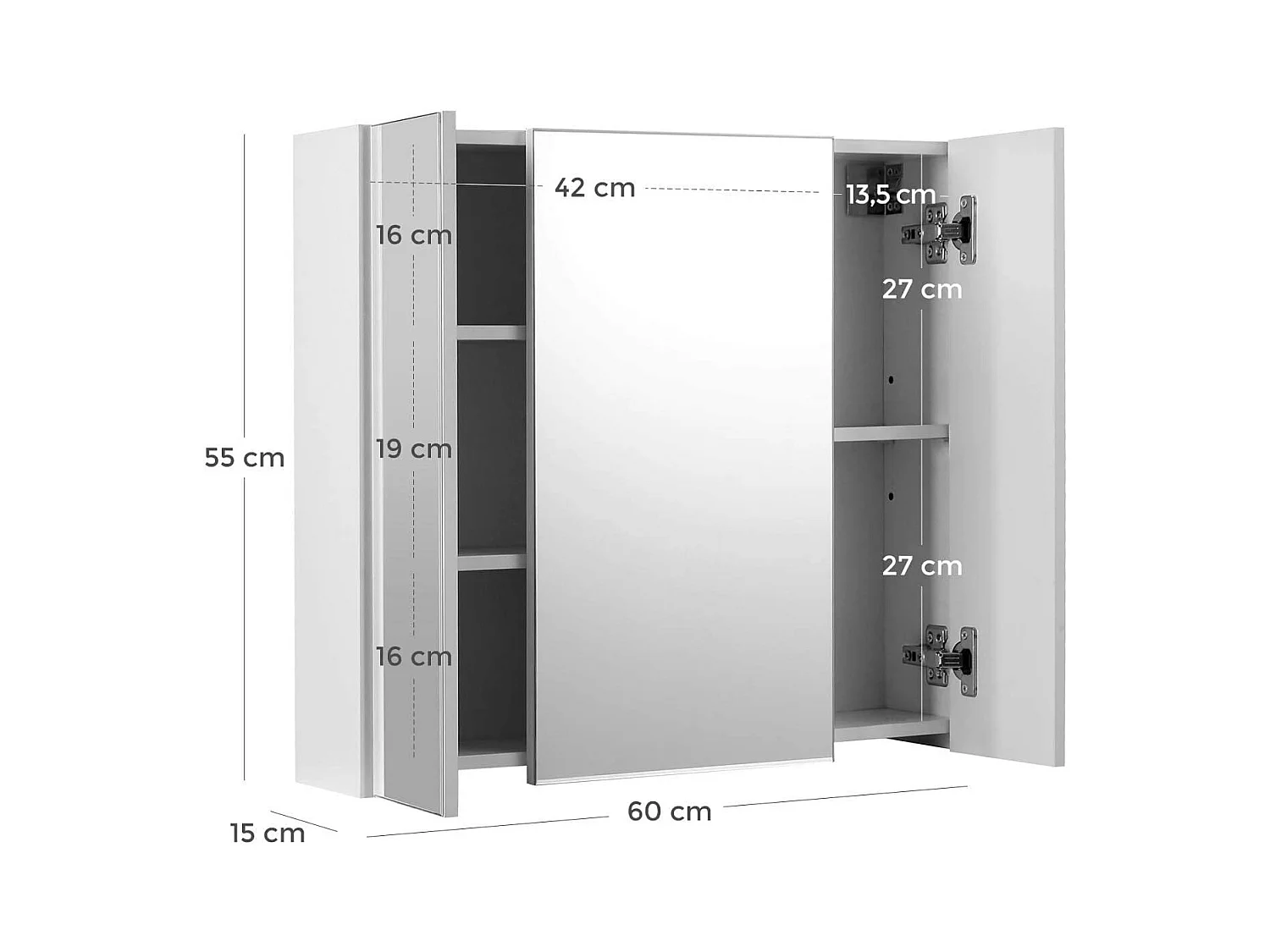 Meuble de salle de bain suspendu Valora avec trois portes miroir | MDF blanc