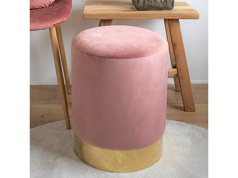 Runder Polsterhocker in Rosa und Messingfarben 43 cm hoch