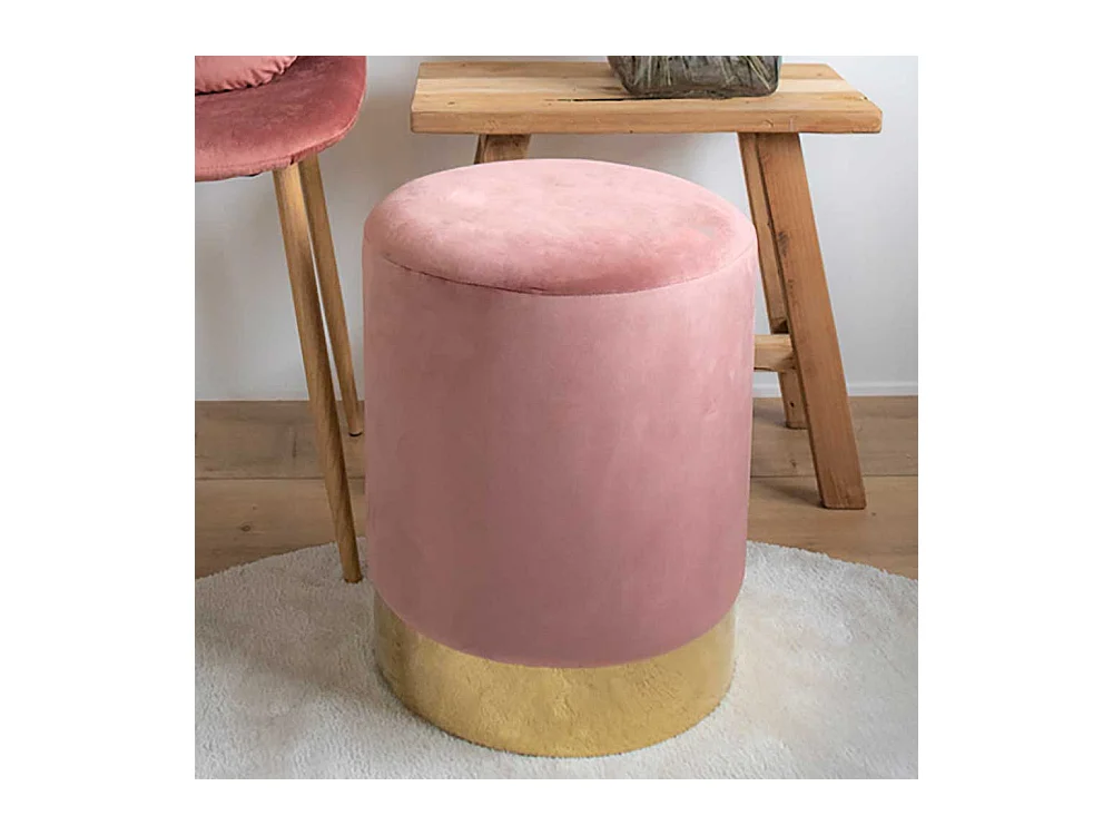 Runder Polsterhocker in Rosa und Messingfarben 43 cm hoch