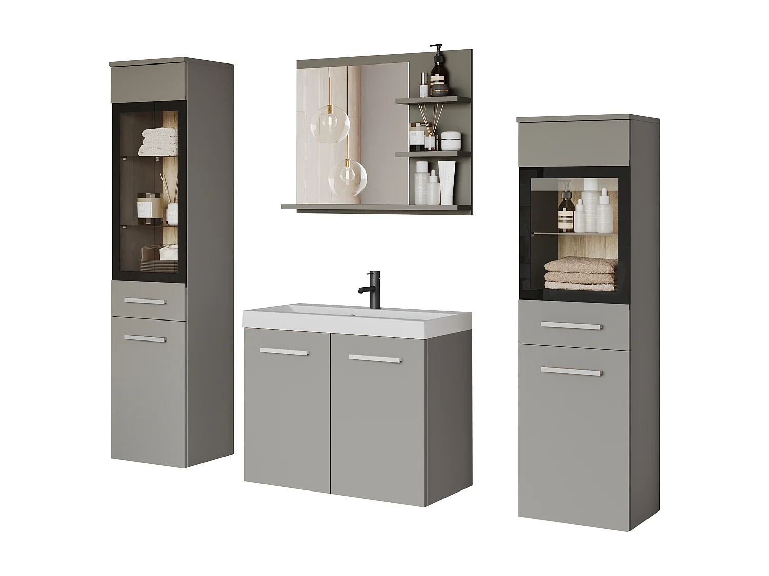 Ensemble de salle de bain avec LED, meubles suspendus avec lavabo, 2 colonnes et miroir avec étagères, gris palladium