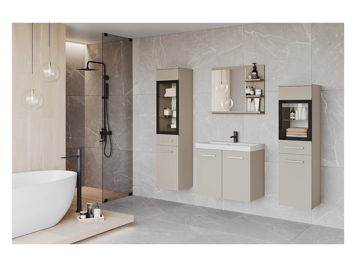 Conjunto de baño con LED, muebles suspendidos con lavabo, 2 columnas y espejo con estantes, beige cashmere