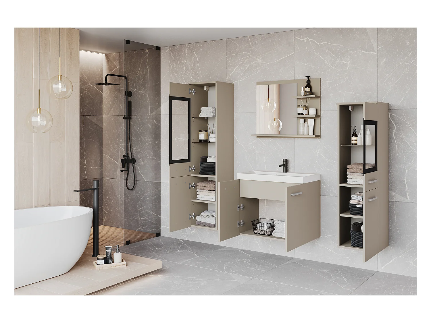 Conjunto de baño con LED, muebles suspendidos con lavabo, 2 columnas y espejo con estantes, beige cashmere
