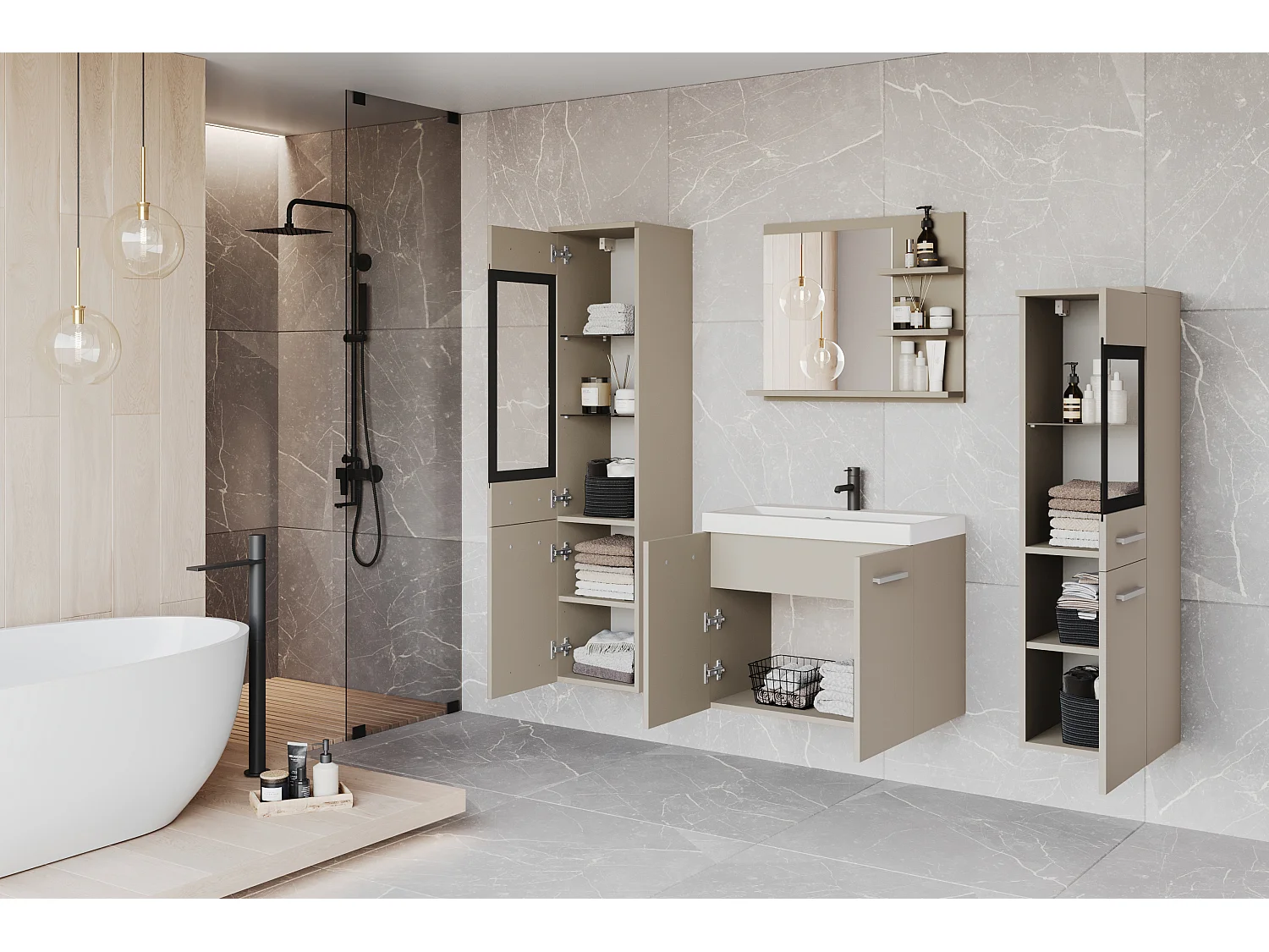 Ensemble de salle de bain avec LED, meubles suspendus avec lavabo, 2 colonnes et miroir avec étagères, beige cachemire