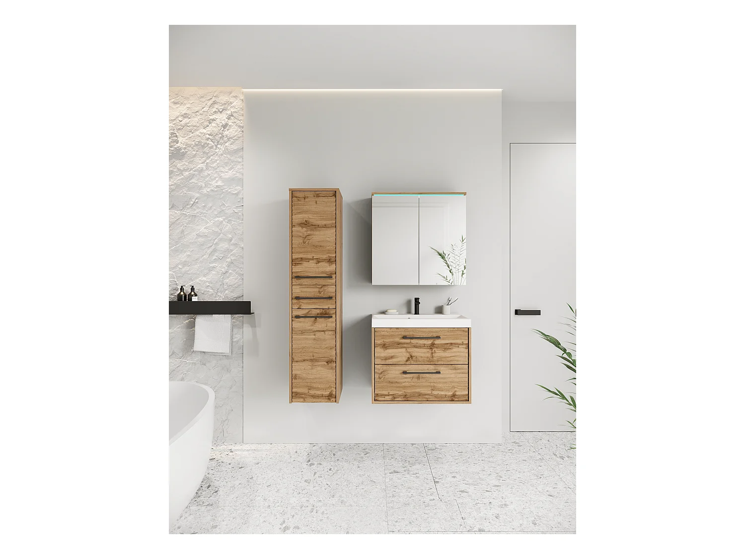 Móveis de casa de banho modernos com LED, conjunto suspenso com lavatório, espelho e coluna, frentes em MDF ondulado carvalho wotan