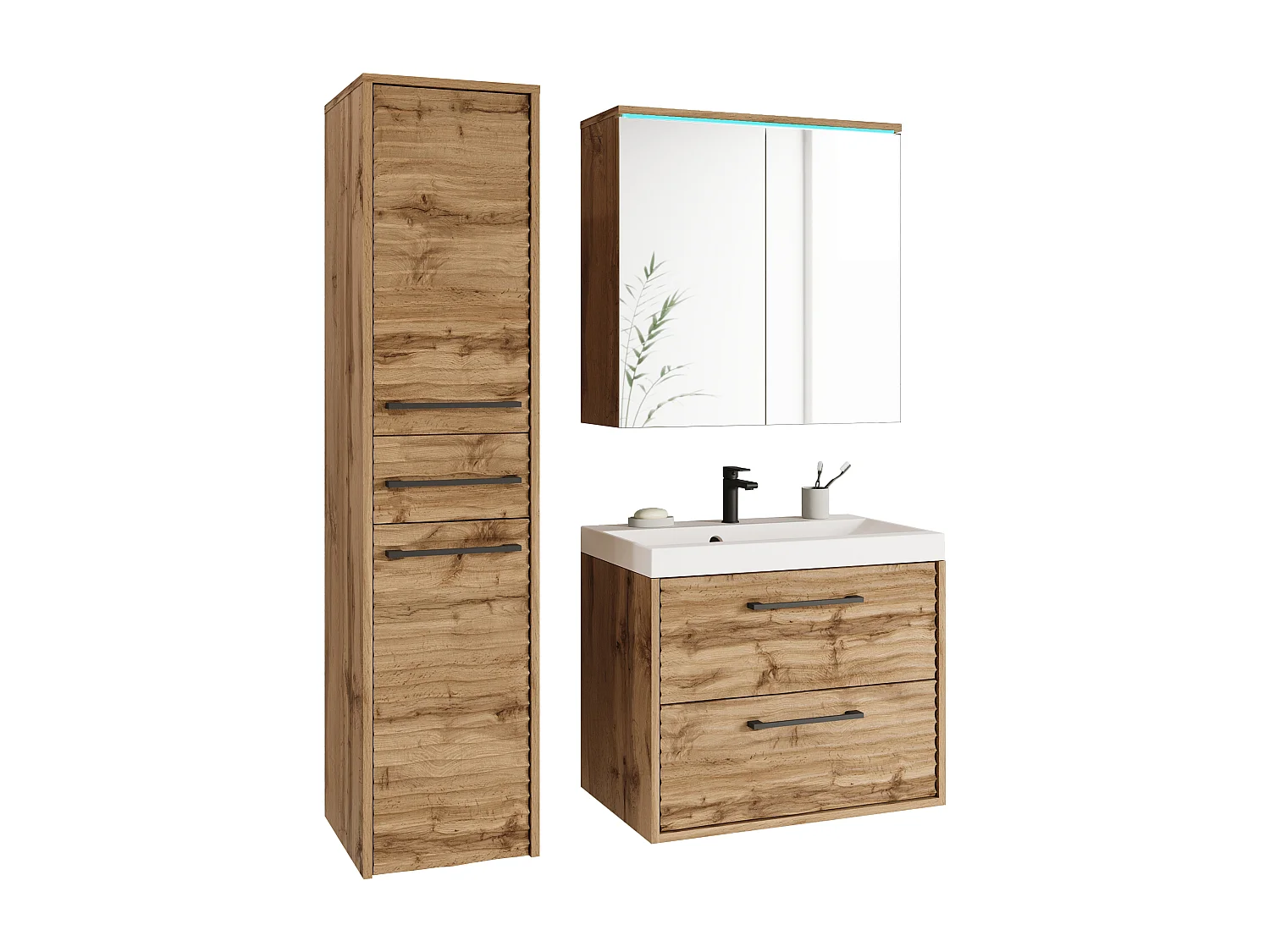 Meubles de salle de bain modernes avec LED, ensemble suspendu avec lavabo, miroir et colonne, façades en MDF ondulé chêne wotan