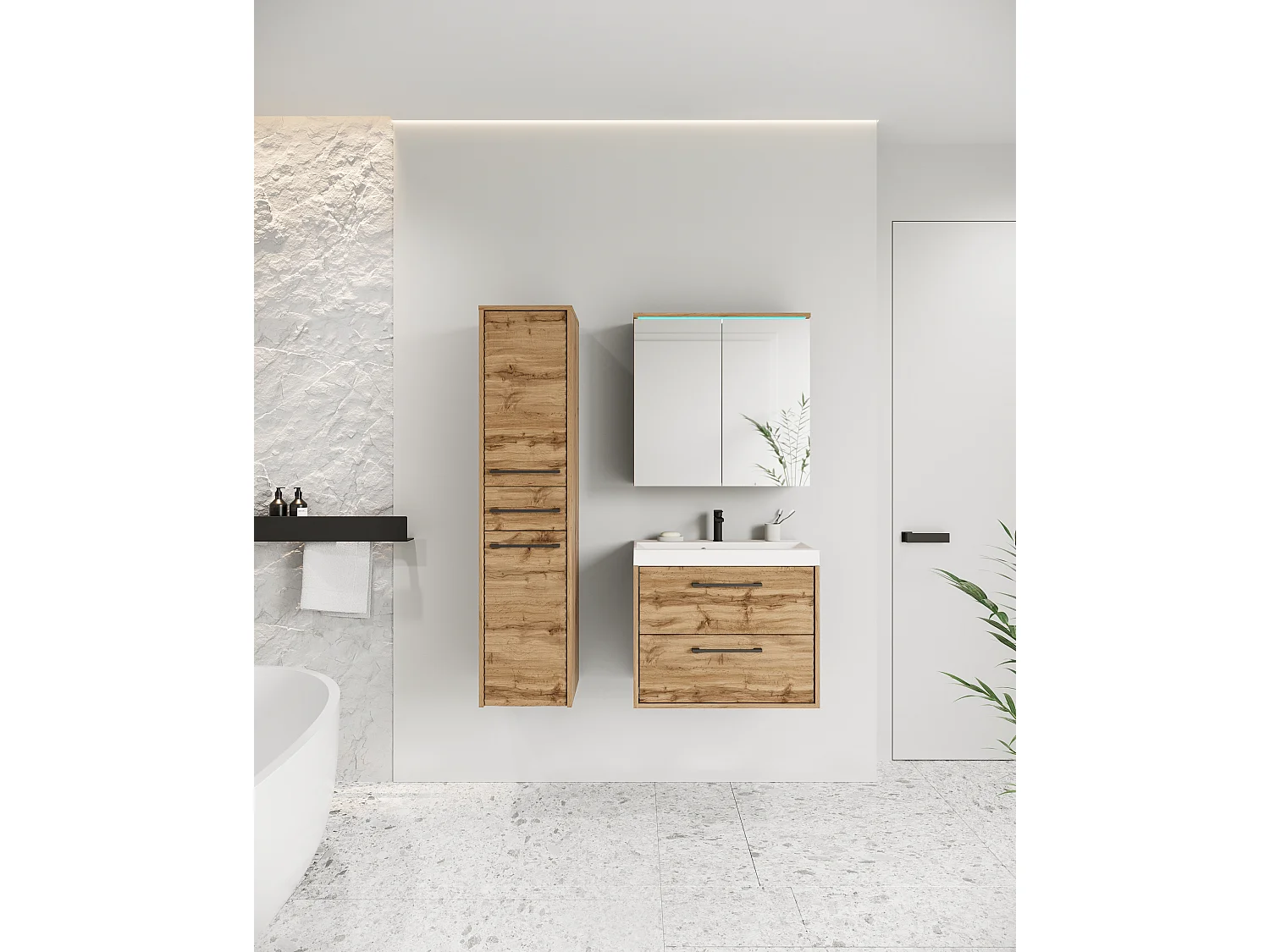 Meubles de salle de bain modernes avec LED, ensemble suspendu avec lavabo, miroir et colonne, façades en MDF ondulé chêne wotan