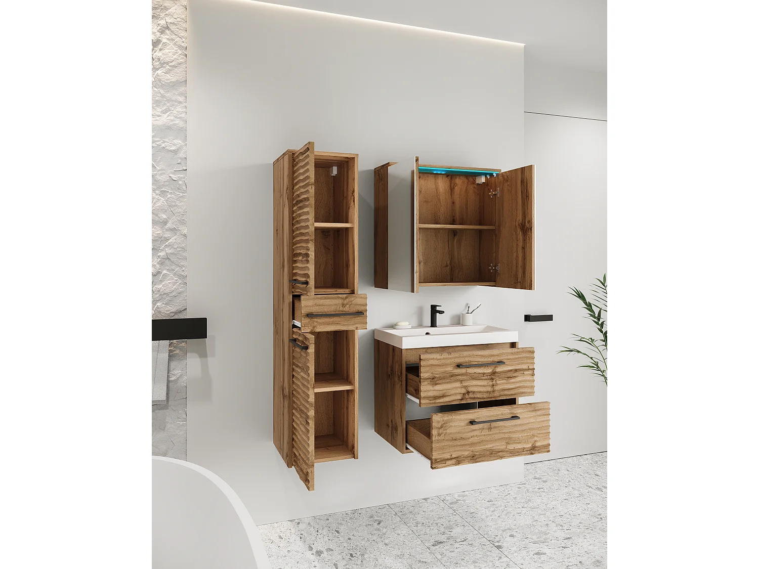 Meubles de salle de bain modernes avec LED, ensemble suspendu avec lavabo, miroir et colonne, façades en MDF ondulé chêne wotan