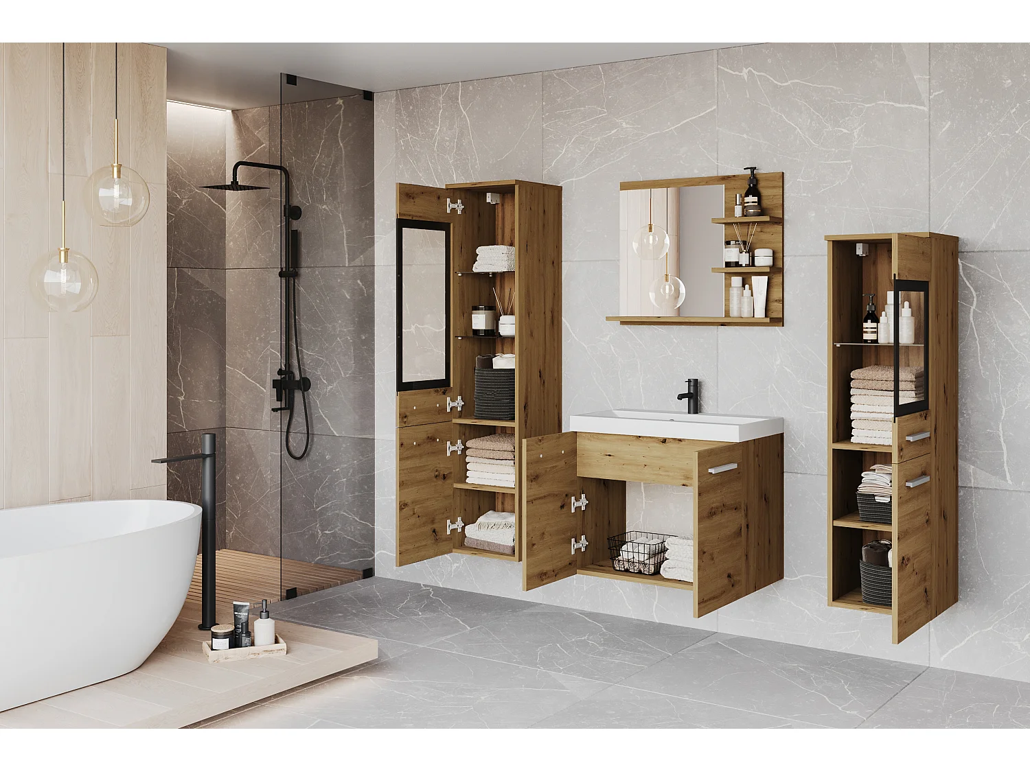 Ensemble de salle de bain avec LED, meubles suspendus avec lavabo, 2 colonnes et miroir avec étagères, chêne artisan