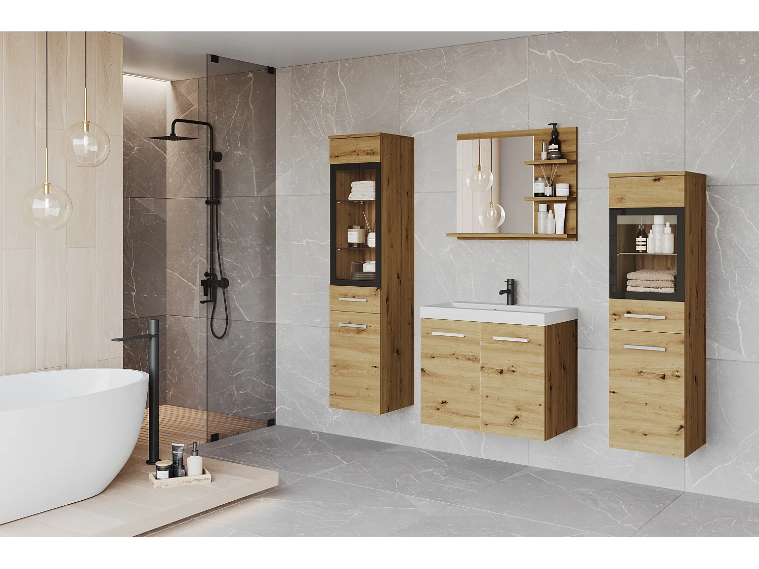 Ensemble de salle de bain avec LED, meubles suspendus avec lavabo, 2 colonnes et miroir avec étagères, chêne artisan