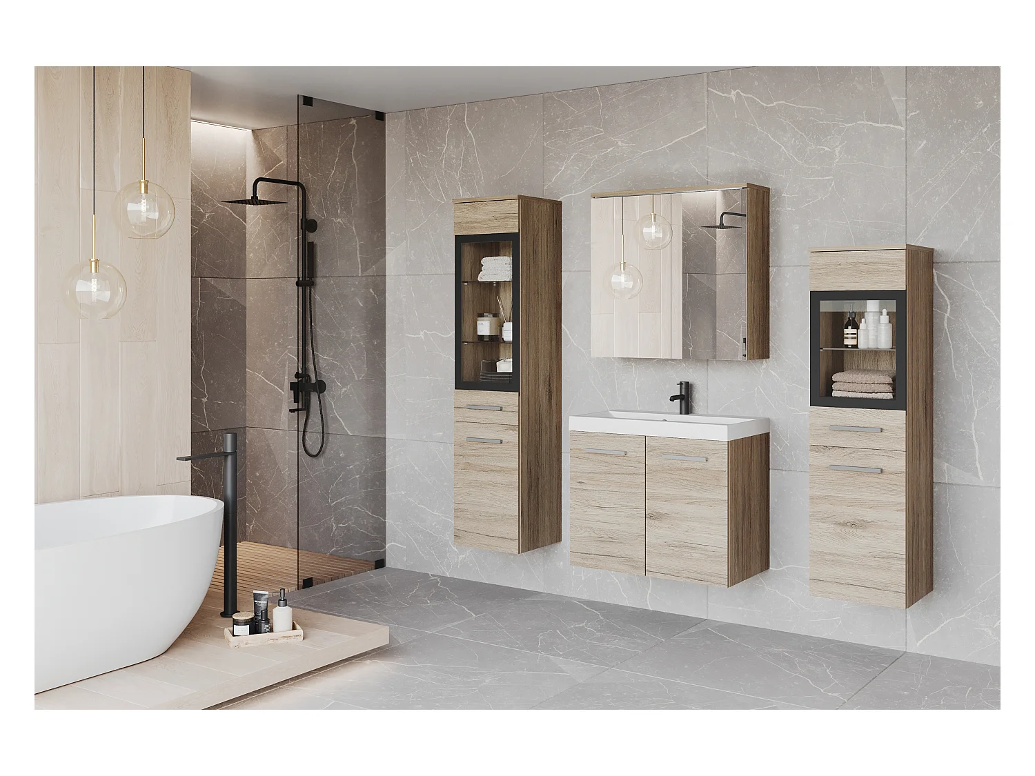 Muebles de baño con LED, conjunto suspendido con lavabo, 2 columnas y armario con espejo, roble san remo mate