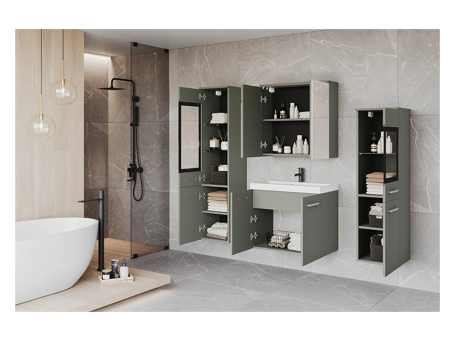 Meubles de salle de bain avec LED, ensemble suspendu avec lavabo, 2 colonnes et armoire miroir, vert brumeux