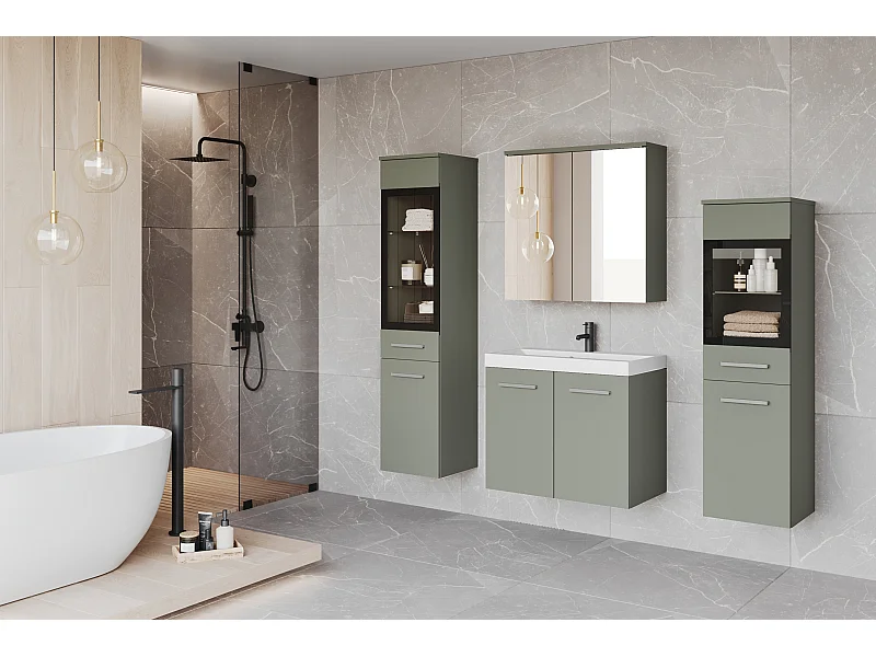 Meubles de salle de bain avec LED, ensemble suspendu avec lavabo, 2 colonnes et armoire miroir, vert brumeux