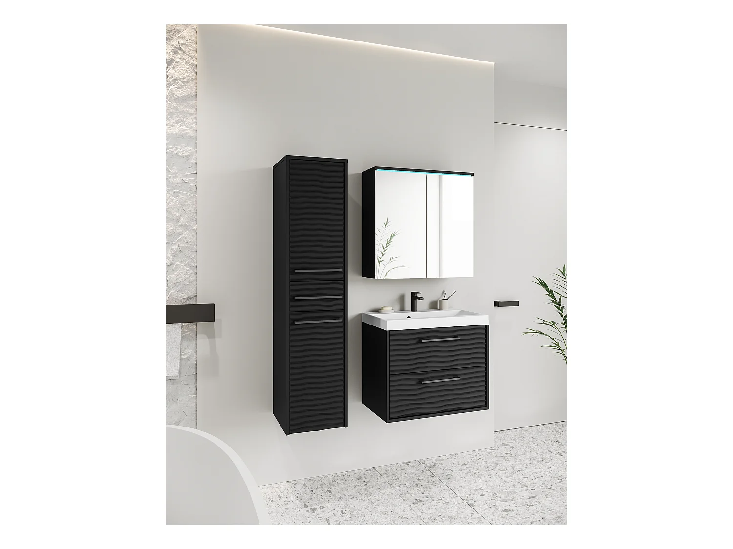 Meubles de salle de bain modernes avec LED, ensemble suspendu avec lavabo, miroir et colonne, façades en MDF ondulé noir mat