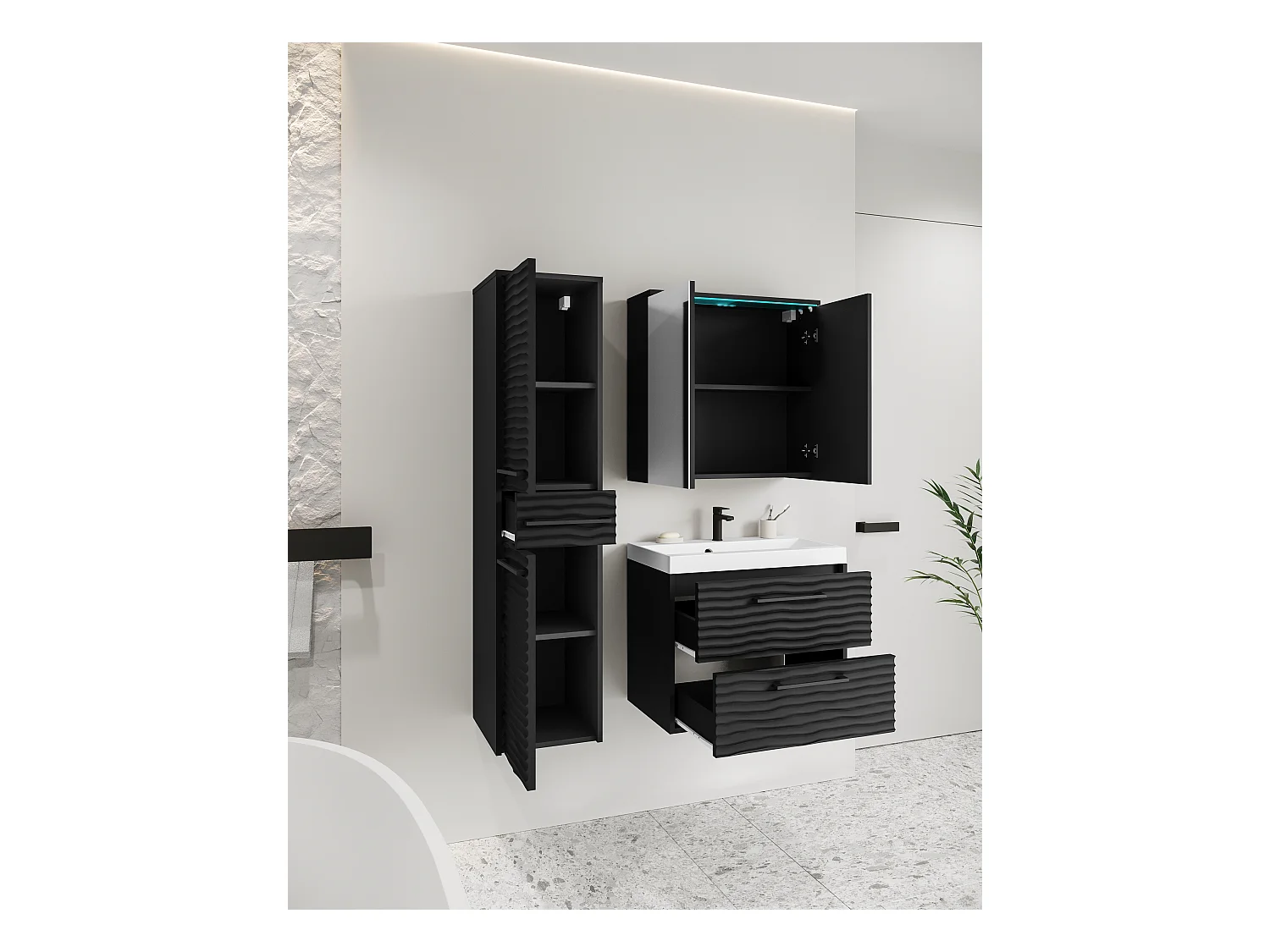 Meubles de salle de bain modernes avec LED, ensemble suspendu avec lavabo, miroir et colonne, façades en MDF ondulé noir mat