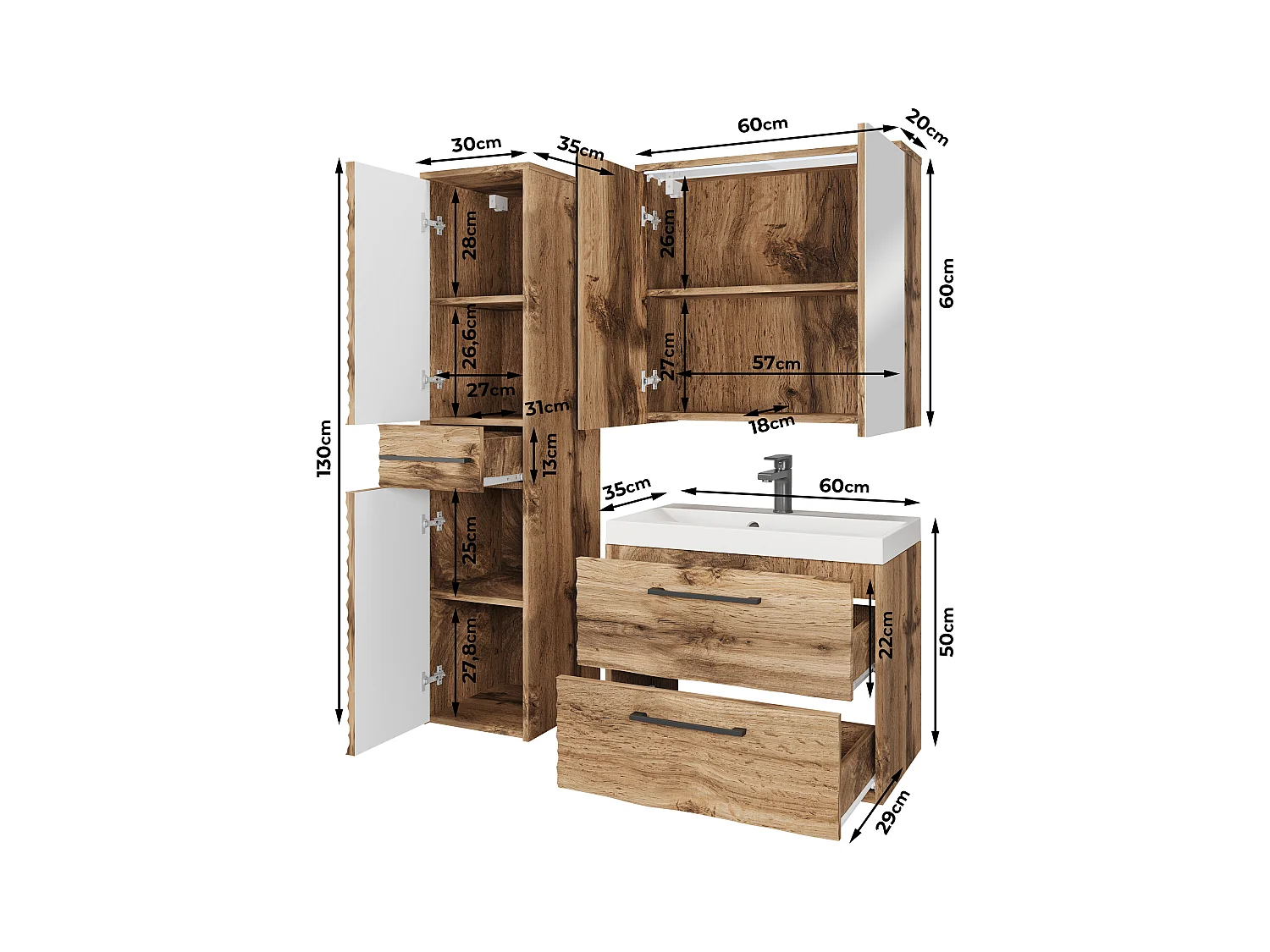 Meubles de salle de bain modernes avec LED, ensemble suspendu avec lavabo, miroir et colonne, façades en MDF ondulé noir mat