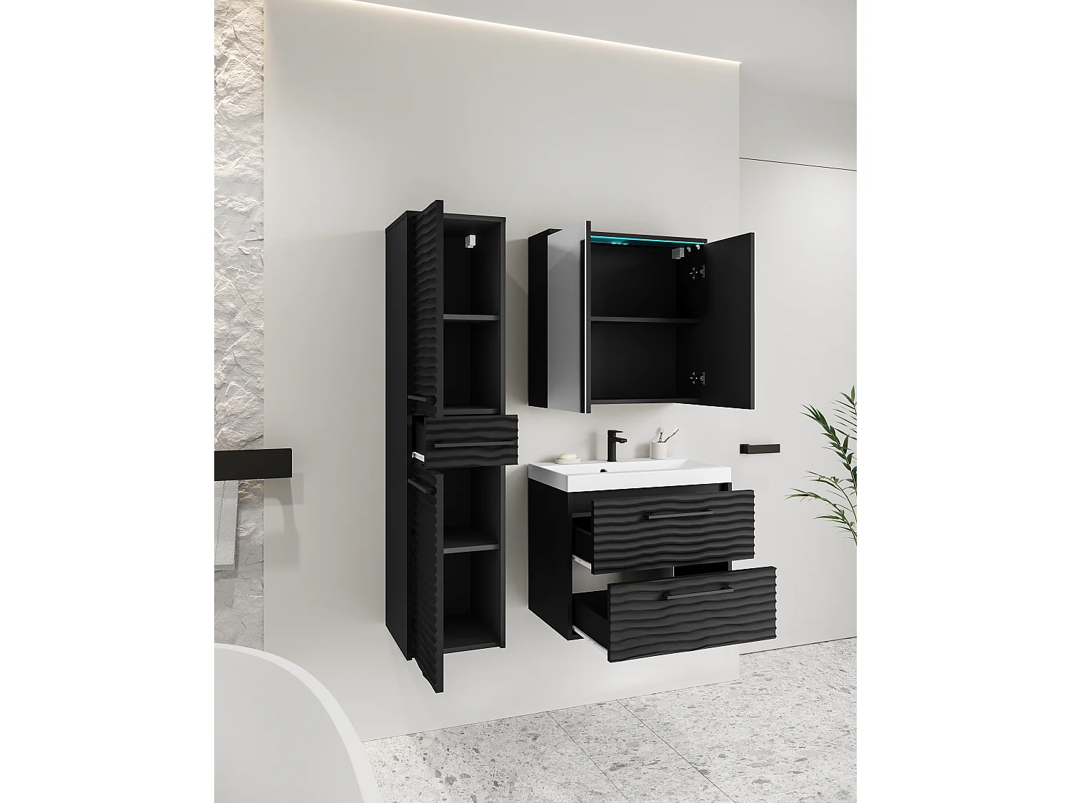 Muebles de baño modernos con LED, conjunto suspendido con lavabo, espejo y columna, frentes MDF ondulados negro mate
