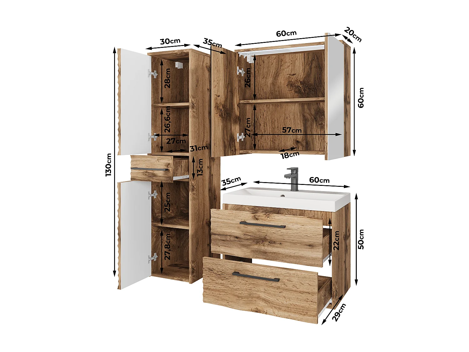 Muebles de baño modernos con LED, conjunto suspendido con lavabo, espejo y columna, frentes MDF ondulados negro mate