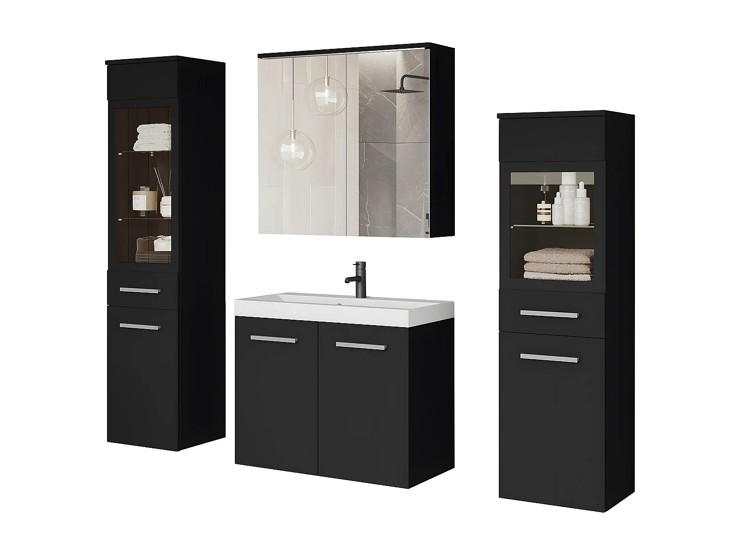 Modernes LED-Badezimmermöbel-Set mit mattem Schwarz-Finish, hohen und niedrigen Säulen, Unterschrank, Spiegelschrank