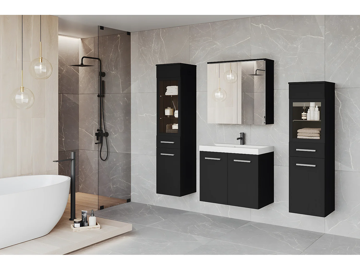 Modernes LED-Badezimmermöbel-Set mit mattem Schwarz-Finish, hohen und niedrigen Säulen, Unterschrank, Spiegelschrank
