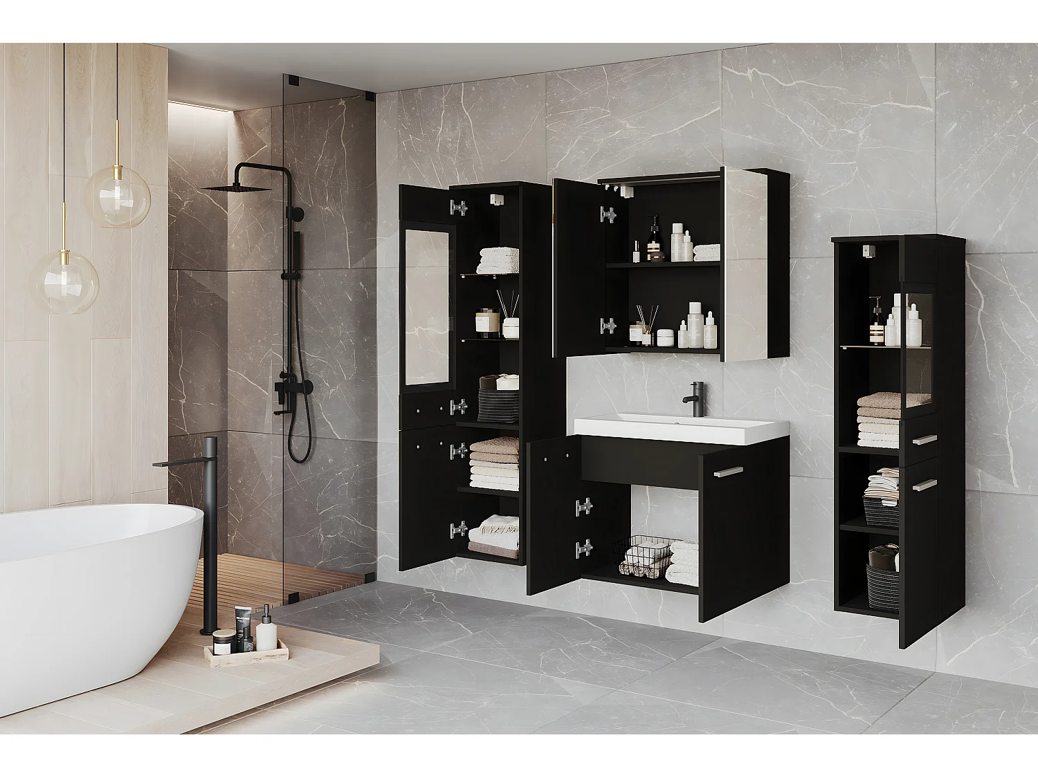 Modernes LED-Badezimmermöbel-Set mit mattem Schwarz-Finish, hohen und niedrigen Säulen, Unterschrank, Spiegelschrank