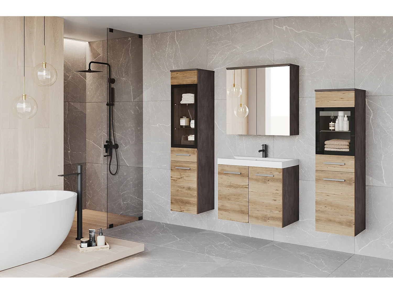 Meubles de salle de bain avec LED, ensemble suspendu avec lavabo, 2 colonnes et armoire miroir, corps anthracite, façades châtaignier