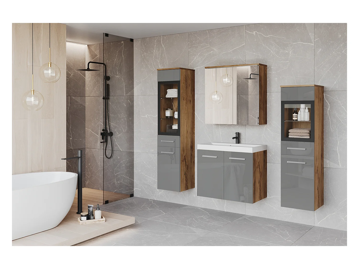 Badkamermeubels met LED, hangende set met wastafel, 2 kolomkasten en spiegelkast, corpus kastanje, fronten grijs hoogglans