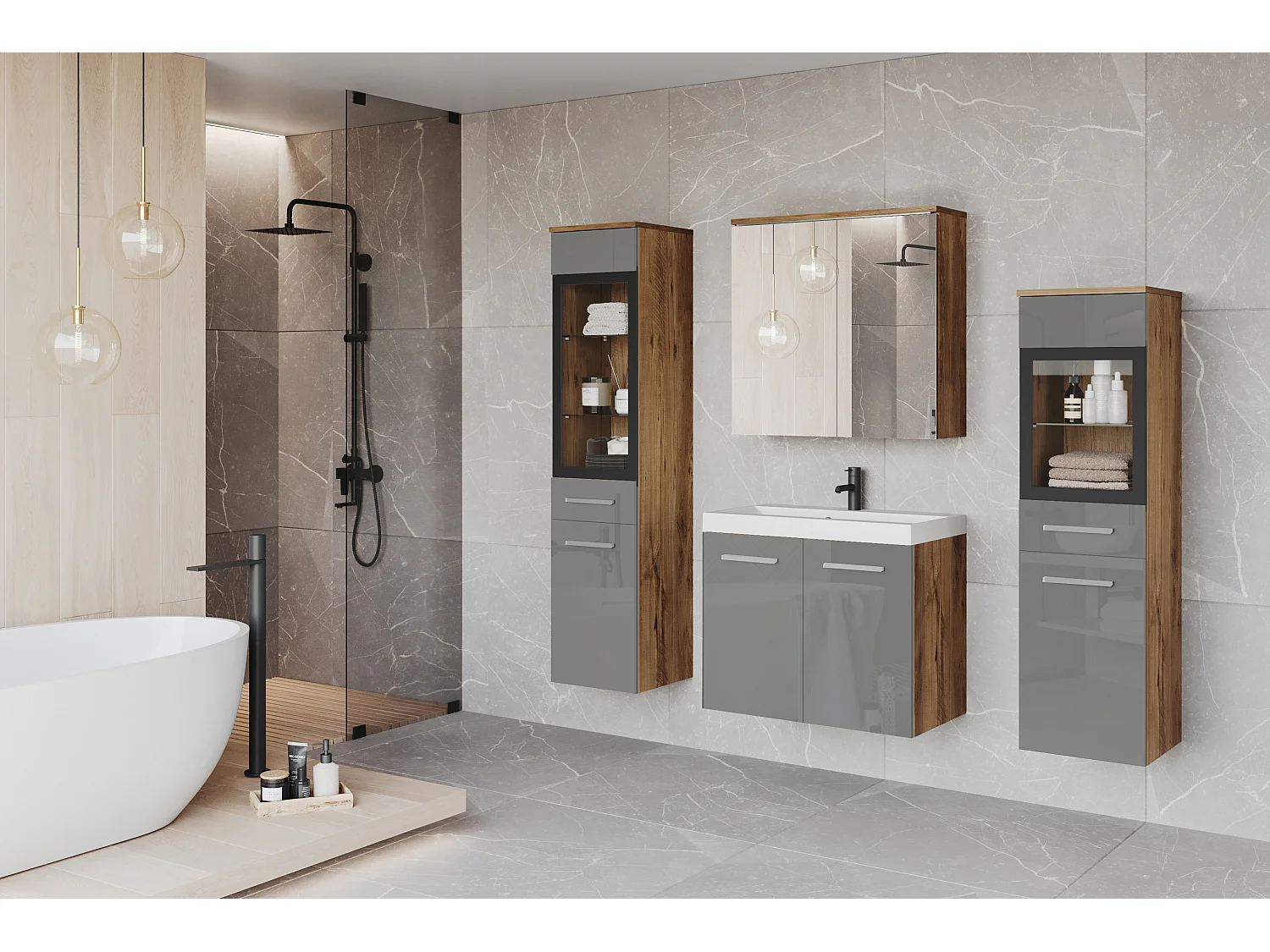 Meubles de salle de bain avec LED, ensemble suspendu avec lavabo, 2 colonnes et armoire miroir, corps châtaignier, façades gris brillant