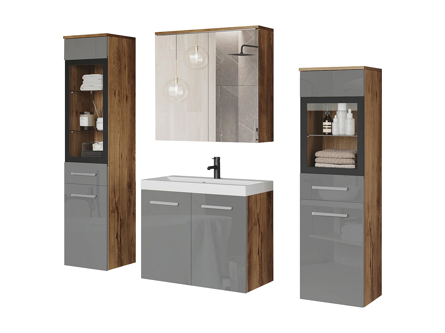 Meubles de salle de bain avec LED, ensemble suspendu avec lavabo, 2 colonnes et armoire miroir, corps châtaignier, façades gris brillant