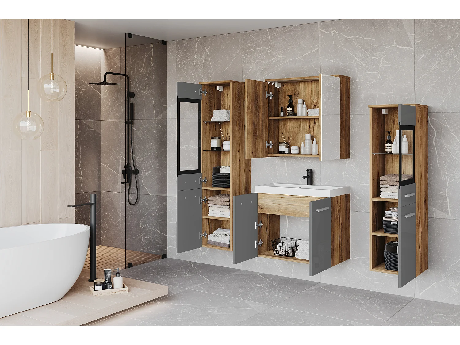 Meubles de salle de bain avec LED, ensemble suspendu avec lavabo, 2 colonnes et armoire miroir, corps châtaignier, façades gris brillant
