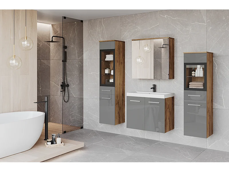 Meubles de salle de bain avec LED, ensemble suspendu avec lavabo, 2 colonnes et armoire miroir, corps châtaignier, façades gris brillant
