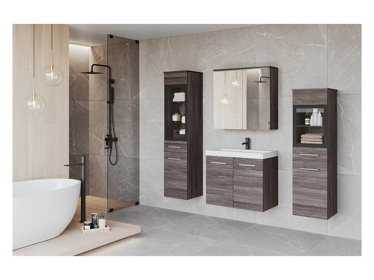 Meble łazienkowe z LED, zestaw wiszący do łazienki z umywalką, 2 słupkami i szafką lustrzaną, bodega