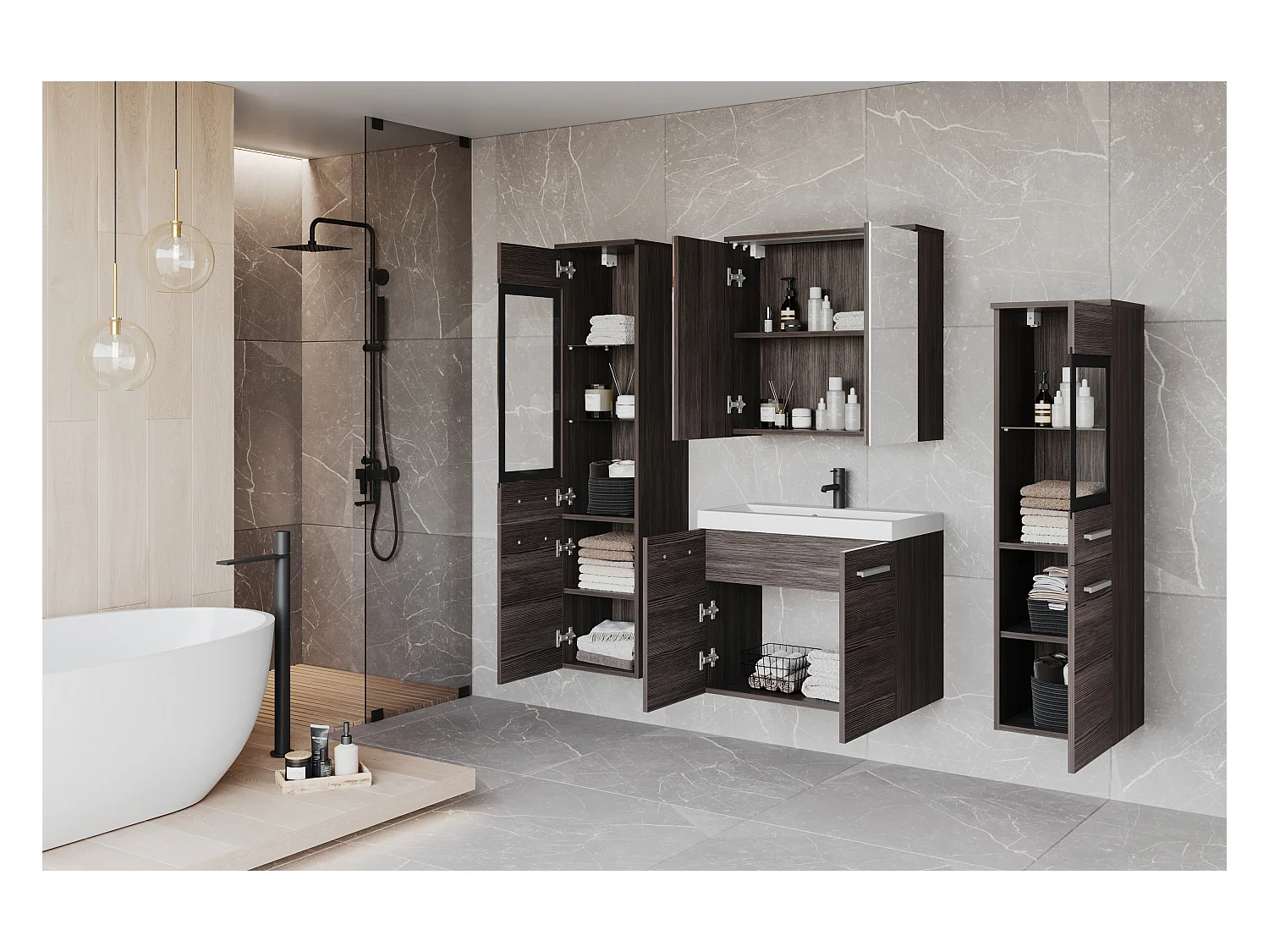 Meble łazienkowe z LED, zestaw wiszący do łazienki z umywalką, 2 słupkami i szafką lustrzaną, bodega