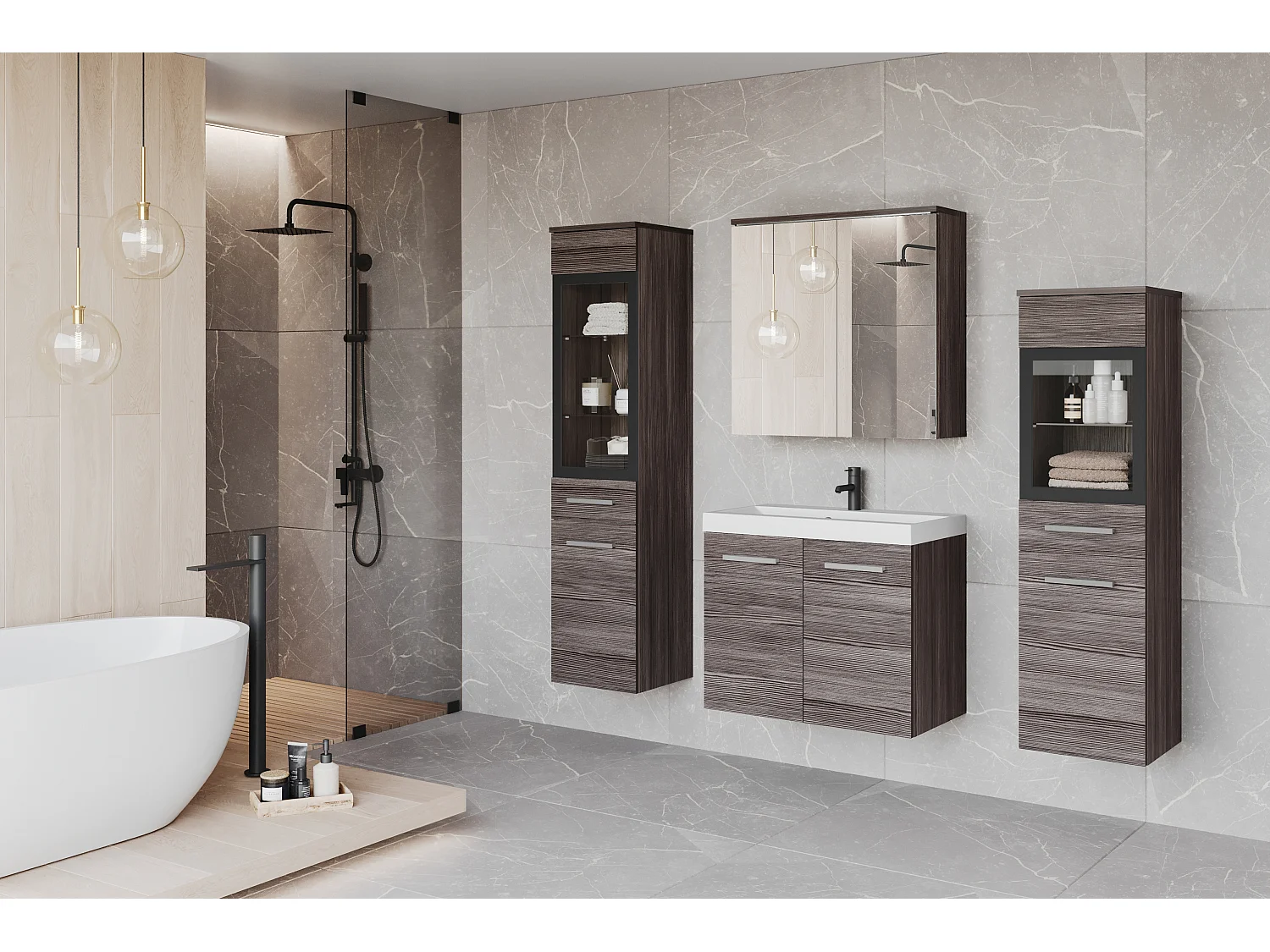 Meubles de salle de bain avec LED, ensemble suspendu avec lavabo, 2 colonnes et armoire miroir, bodega