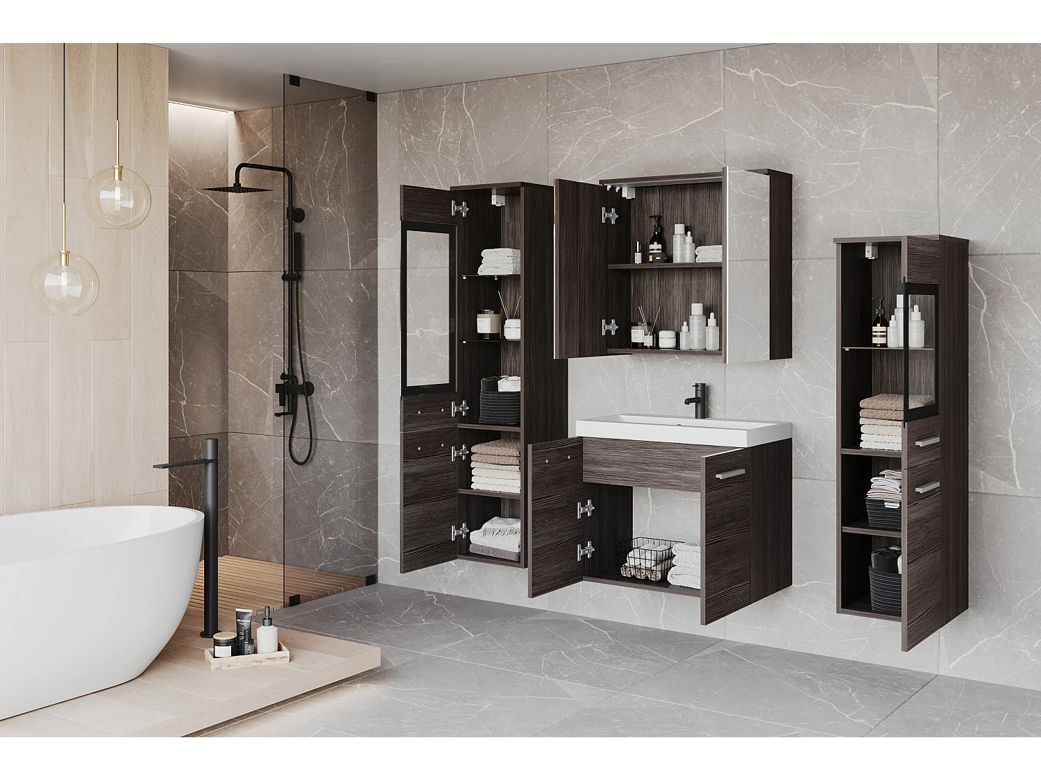 Meubles de salle de bain avec LED, ensemble suspendu avec lavabo, 2 colonnes et armoire miroir, bodega