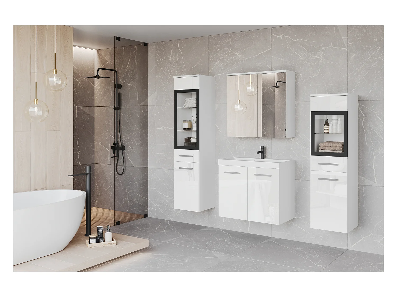 Mobili da bagno con LED, set sospeso con lavabo, 2 colonne e armadietto a specchio, corpo bianco opaco, frontali bianco lucido