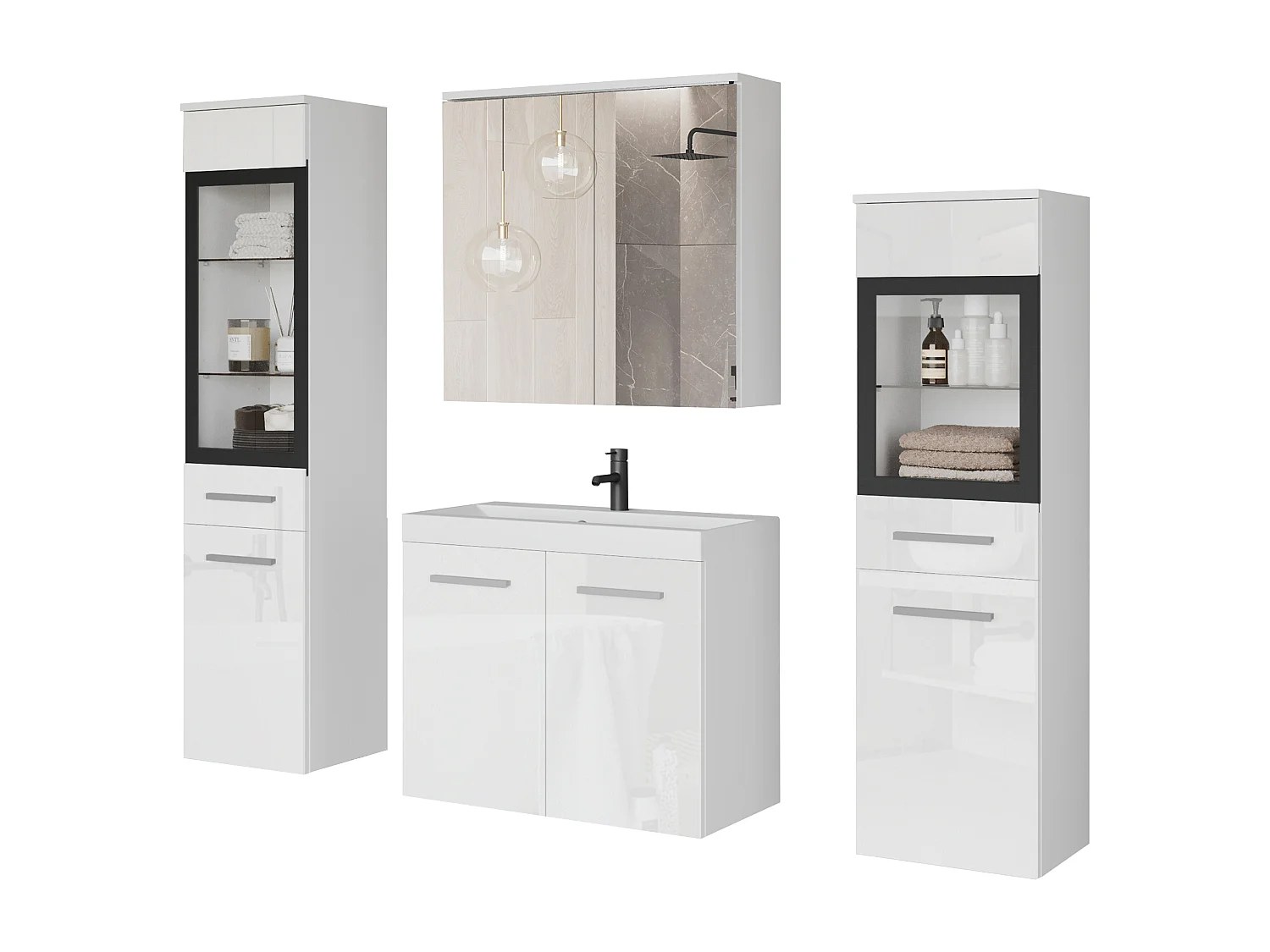 Modernes LED-Badezimmermöbel-Set mit hohen und niedrigen Säulen, Spiegelschrank, weißem matten Korpus, glänzend weißen Fronten