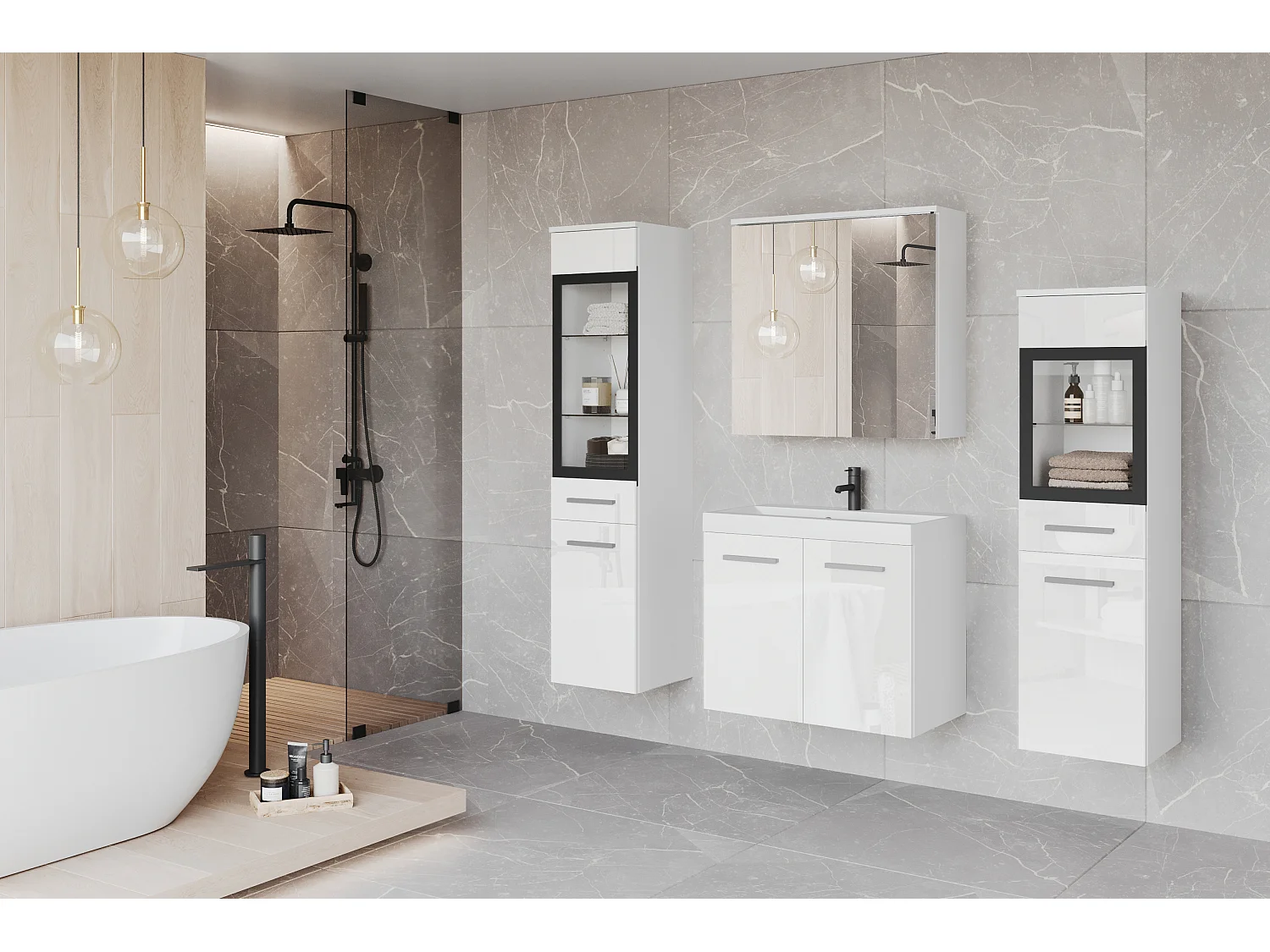 Modernes LED-Badezimmermöbel-Set mit hohen und niedrigen Säulen, Spiegelschrank, weißem matten Korpus, glänzend weißen Fronten