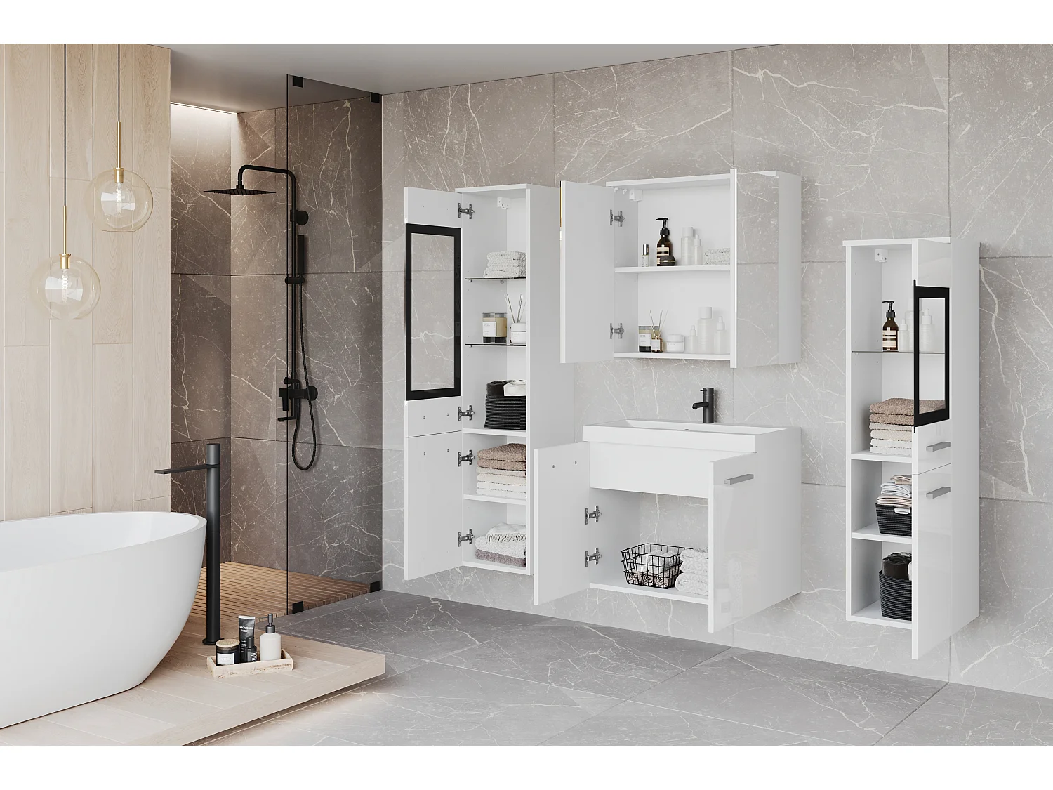 Modernes LED-Badezimmermöbel-Set mit hohen und niedrigen Säulen, Spiegelschrank, weißem matten Korpus, glänzend weißen Fronten