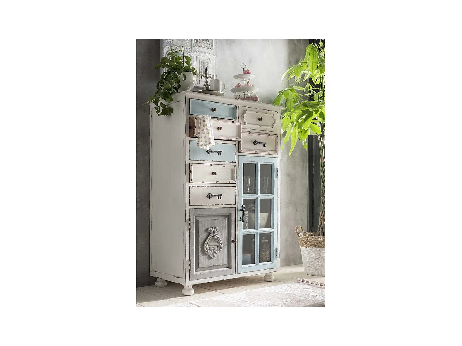 Shabby Chic Kommode aus Recyclingholz Mehrfarbig